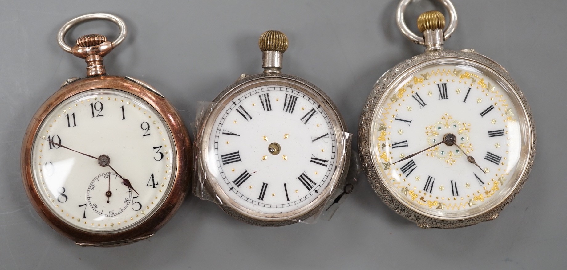 Three assorted fob watches including Swiss 935 standard white metal (a.f.).